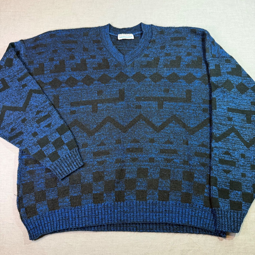 Manor Designs V-Neck Sweater Mens XL Blue Black Geometric Vintage Made in USA EX
